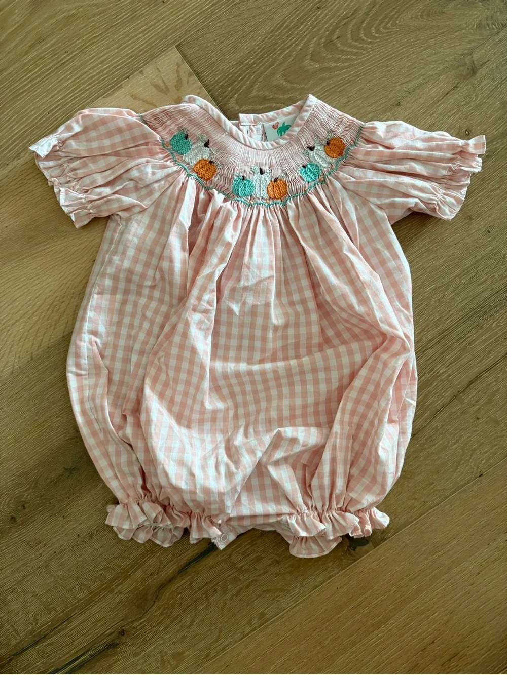 Shrimp and Grits smocked Pumpkin Fall Pink Gingham Romper